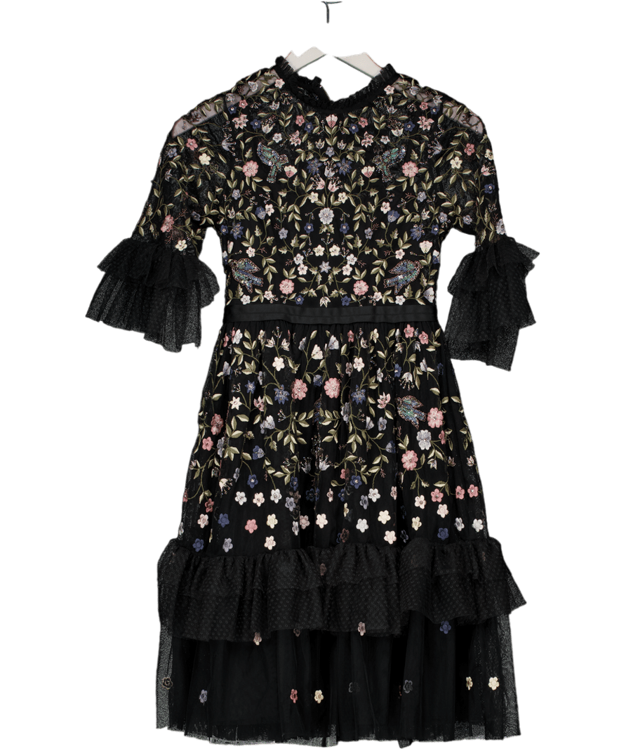 Needle & Thread Black Dusk Floral Embroidered Tulle Midi Dress UK 4 - Reliked