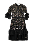 Needle & Thread Black Dusk Floral Embroidered Tulle Midi Dress UK 4 - Reliked