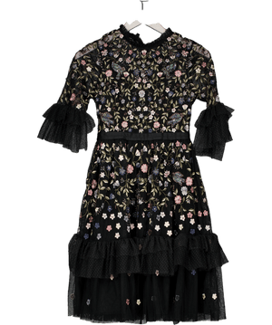 Needle & Thread Black Dusk Floral Embroidered Tulle Midi Dress UK 4