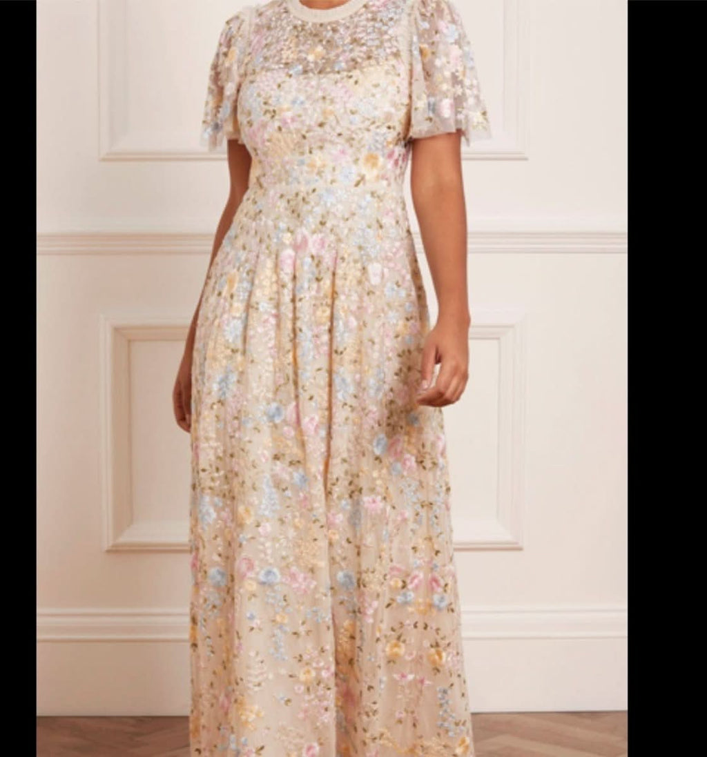 Needle & Thread Cream Secret Garden Embroidered Short Sleeve Floral Ankle Gown UK 16 - Reliked