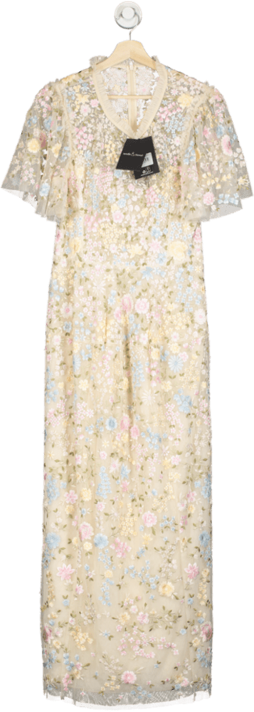 Needle & Thread Cream Secret Garden Embroidered Short Sleeve Floral Ankle Gown UK 16 - Reliked