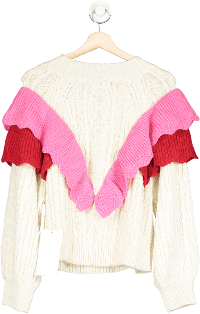 Never Fully Dressed Cream/ Pink Ruffle Cable Jumper UK L - Reliked
