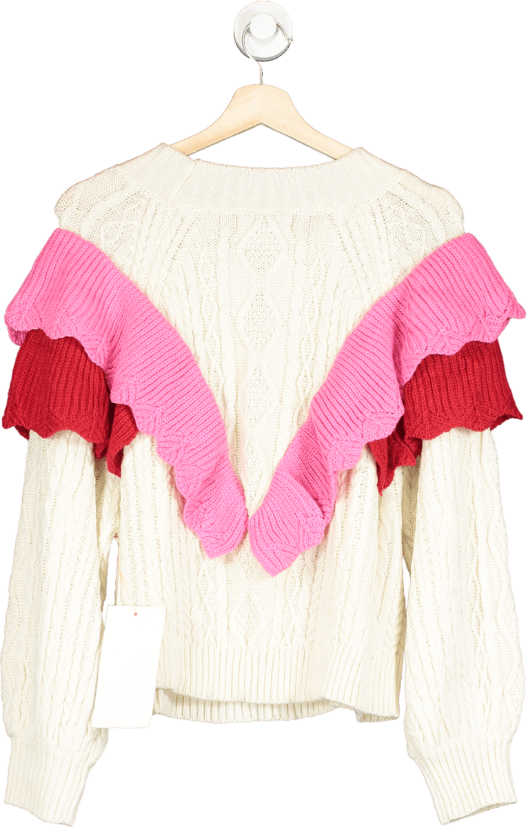 Never Fully Dressed Cream/ Pink Ruffle Cable Jumper UK L - Reliked