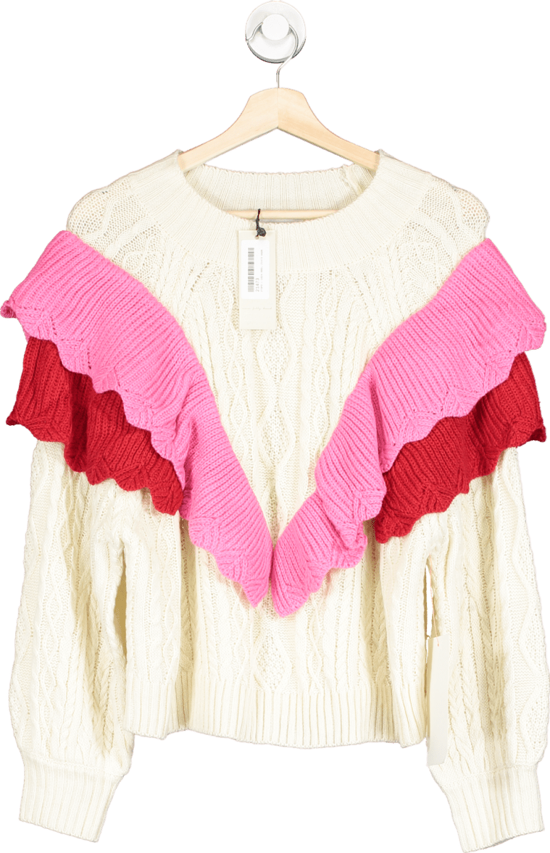 Never Fully Dressed Cream/ Pink Ruffle Cable Jumper UK L - Reliked