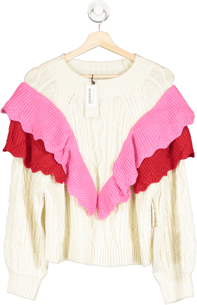 Never Fully Dressed Cream/ Pink Ruffle Cable Jumper UK L - Reliked