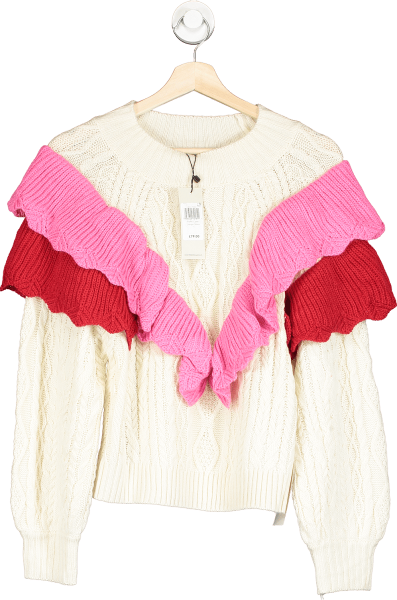 Never Fully Dressed Cream/ Pink Ruffle Cable Jumper UK M - Reliked
