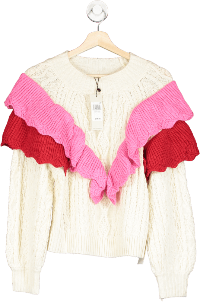 Never Fully Dressed Cream/ Pink Ruffle Cable Jumper UK M - Reliked