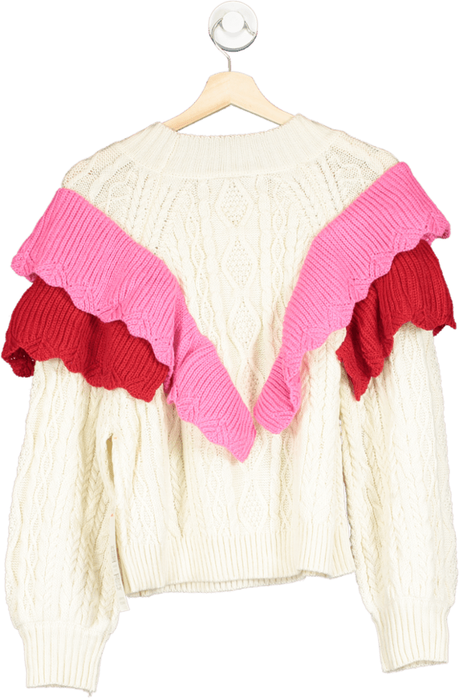 Never Fully Dressed Cream/ Pink Ruffle Cable Jumper UK M - Reliked