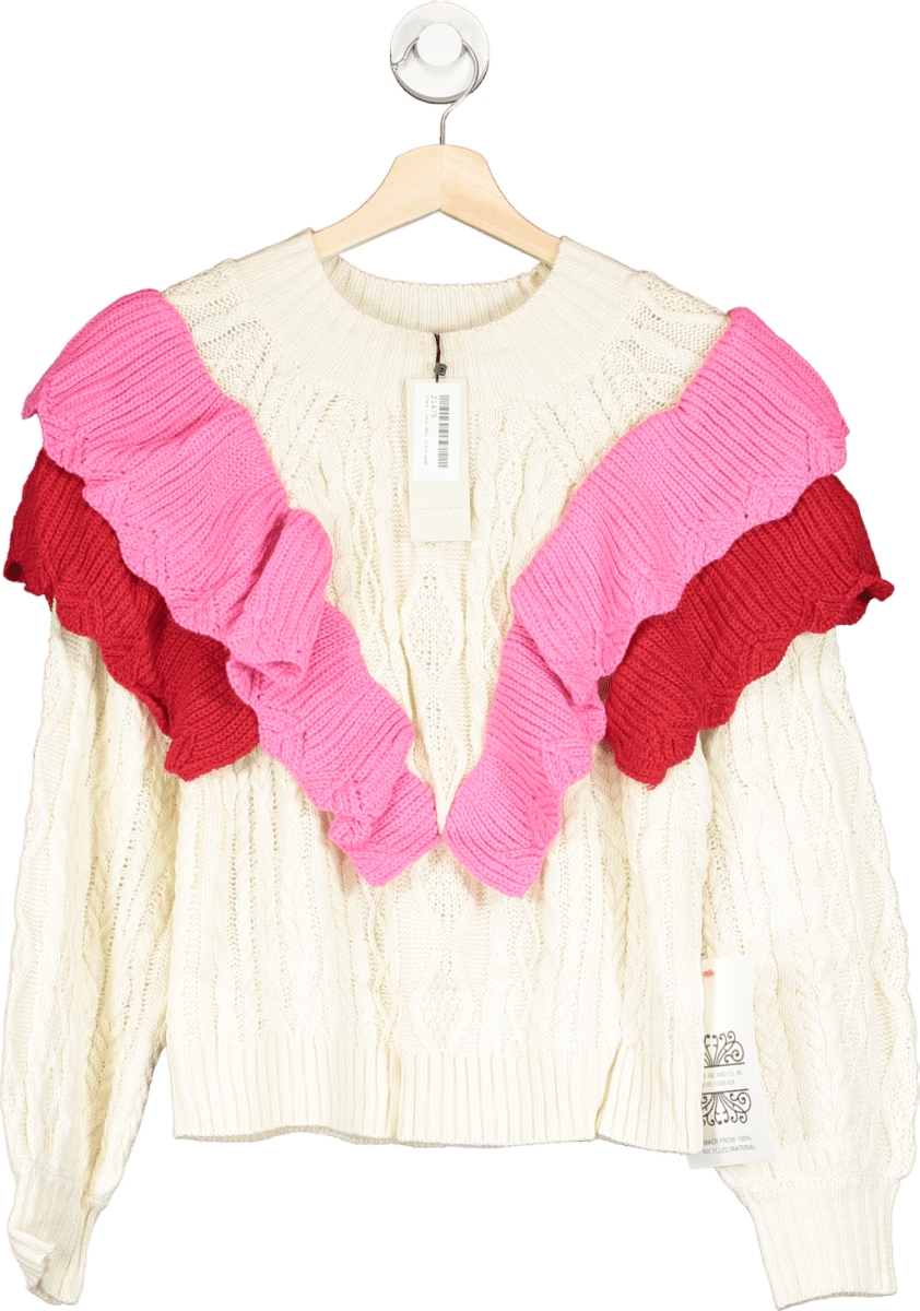 Never Fully Dressed Cream/ Pink Ruffle Cable Jumper UK S - Reliked