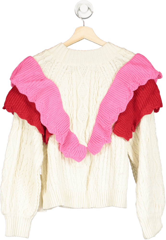 Never Fully Dressed Cream/ Pink Ruffle Cable Jumper UK S - Reliked