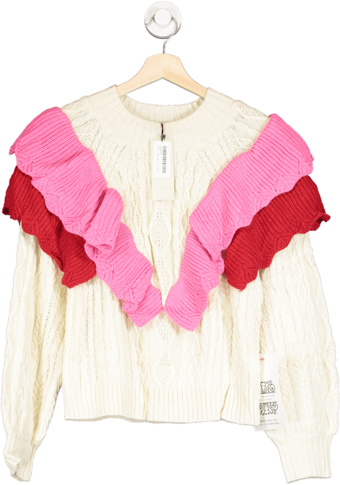 Never Fully Dressed Cream/ Pink Ruffle Cable Jumper UK S - Reliked