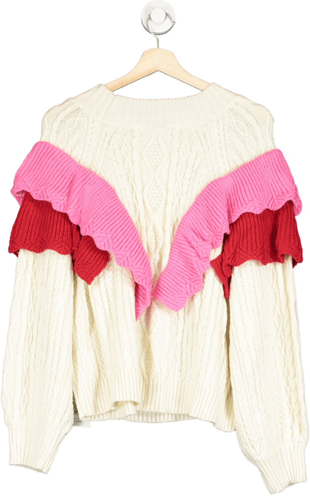 Never Fully Dressed Cream/ Pink Ruffle Cable Jumper UK XL - Reliked
