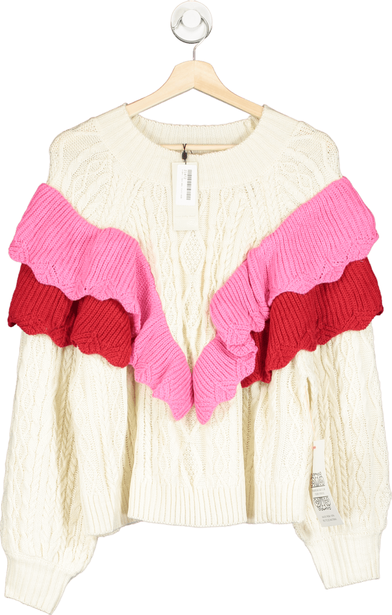 Never Fully Dressed Cream/ Pink Ruffle Cable Jumper UK XL - Reliked