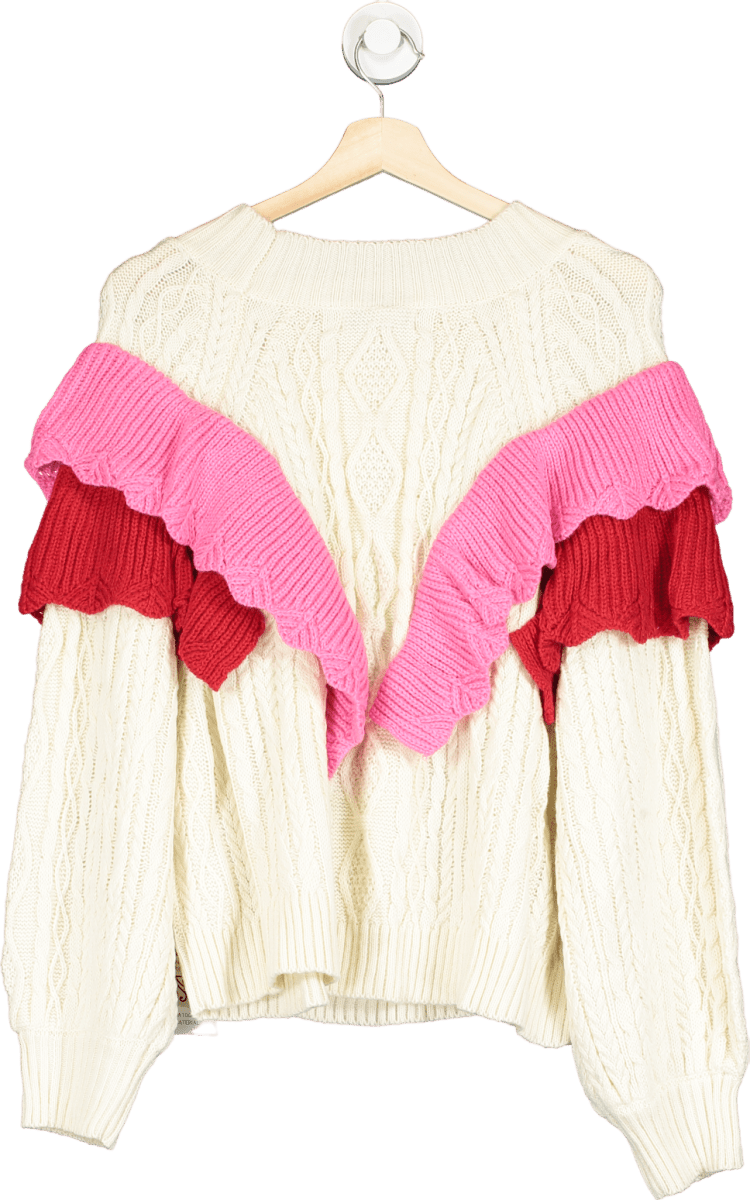 Never Fully Dressed Cream/ Pink Ruffle Cable Jumper UK XL - Reliked