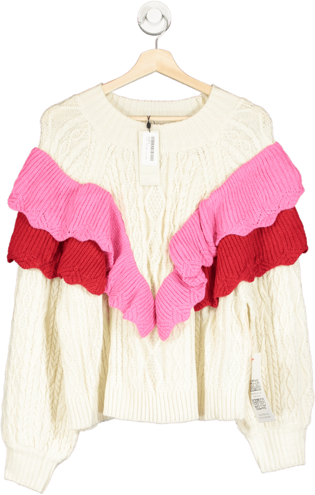 Never Fully Dressed Cream/ Pink Ruffle Cable Jumper UK XL - Reliked