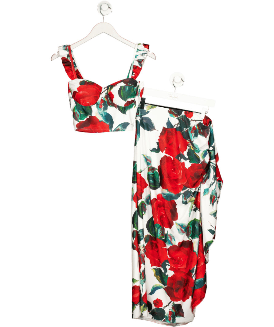 New Collection White Cream 2 - piece Rose Print Skirt & Top Set UK XS/S - Reliked