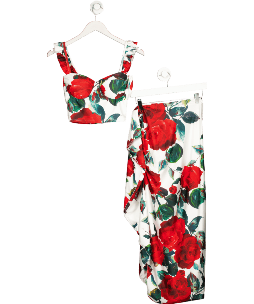 New Collection White Cream 2 - piece Rose Print Skirt & Top Set UK XS/S - Reliked