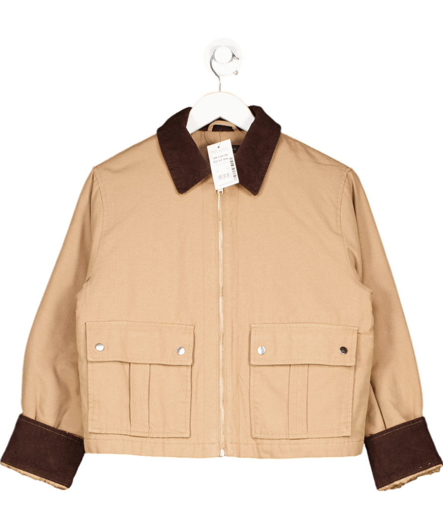 New Look Beige Tan Contrast Collar Cropped Barn Jacket UK 8 - Reliked