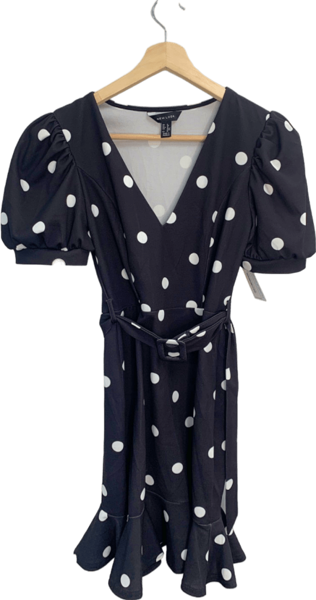 New Look Black and White Polka Dot Puff Sleeve Dress UK 8 - Reliked