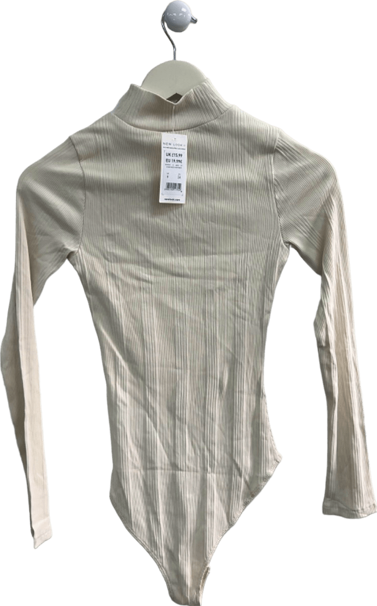 New Look Cream Stand Neck Var Rib Bodysuit UK 6 - Reliked