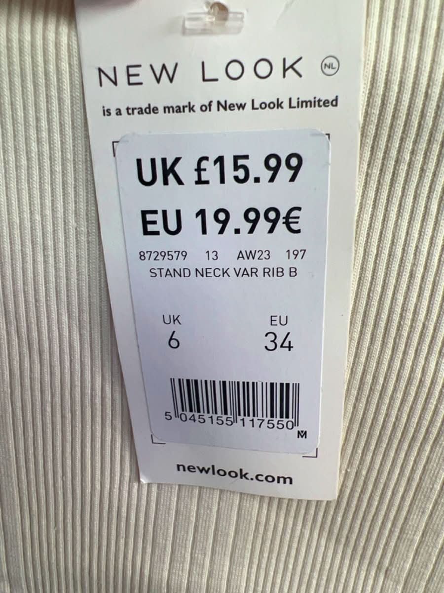 New Look Cream Stand Neck Var Rib Bodysuit UK 6 - Reliked