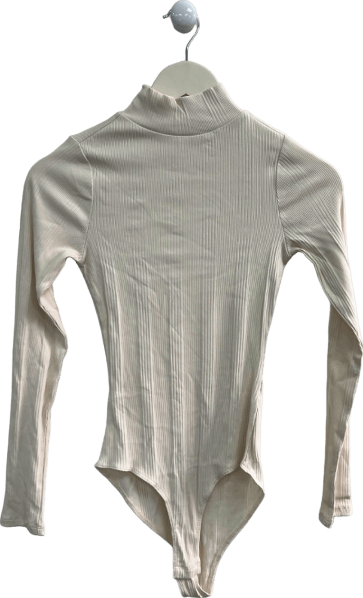 New Look Cream Stand Neck Var Rib Bodysuit UK 6 - Reliked