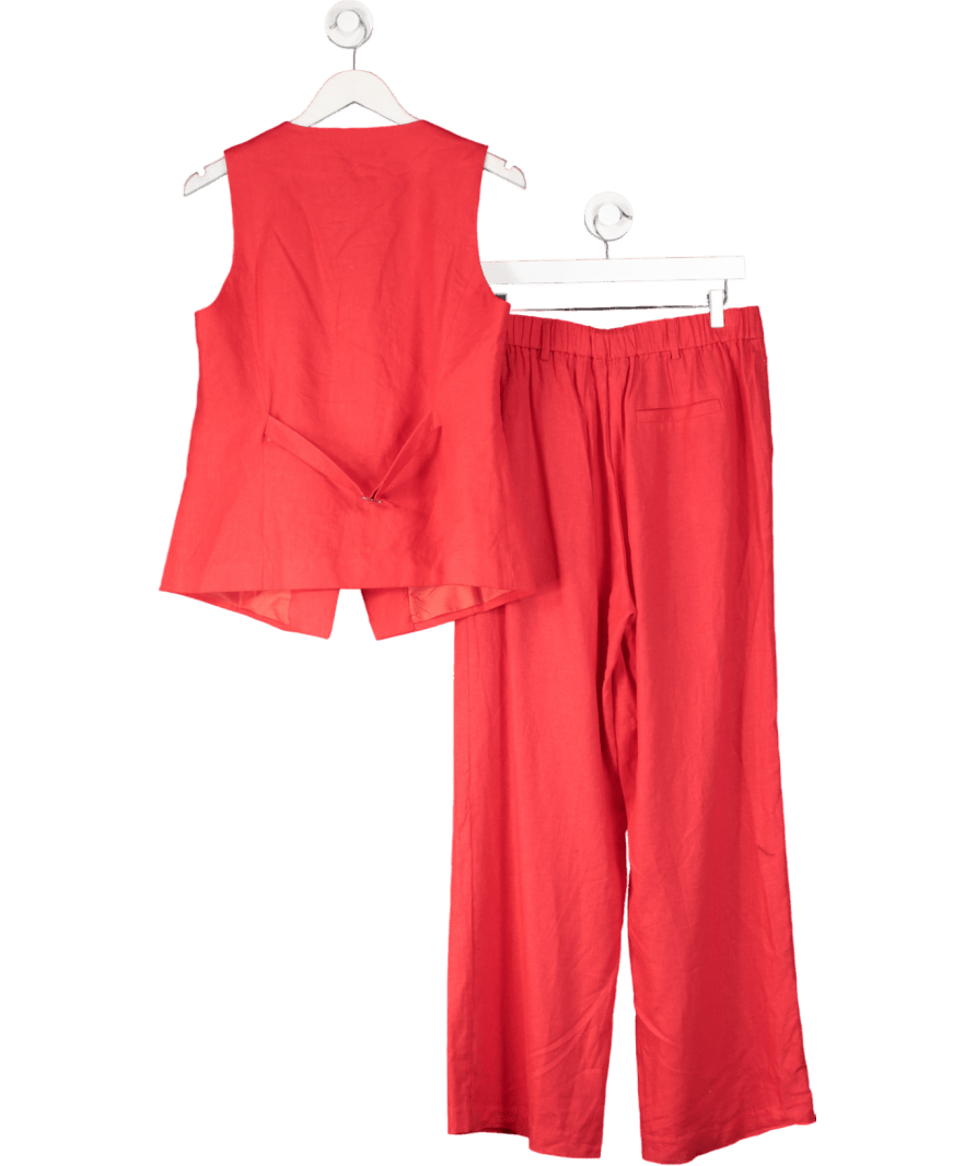 New Look Red Crew Neck Linen Blend Waistcoat And Linen Blend Wide Leg Trousers UK 14 - Reliked