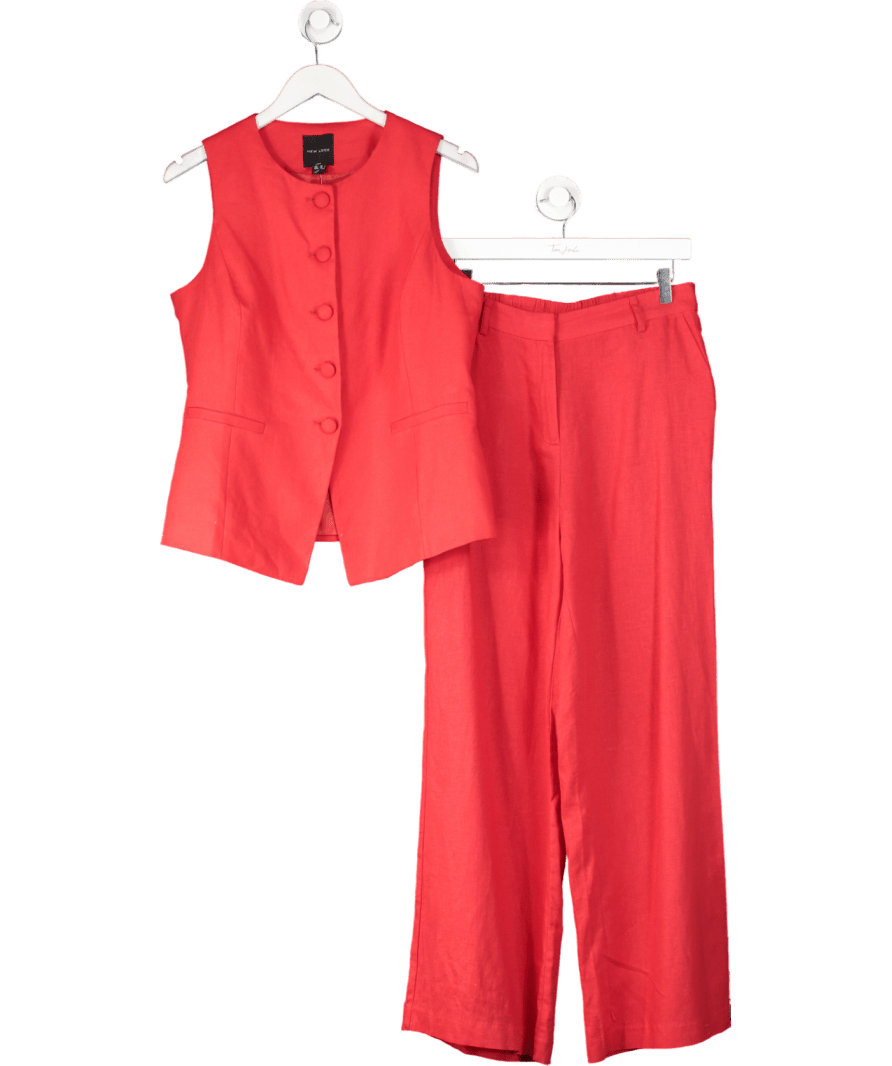 New Look Red Crew Neck Linen Blend Waistcoat And Linen Blend Wide Leg Trousers UK 14 - Reliked