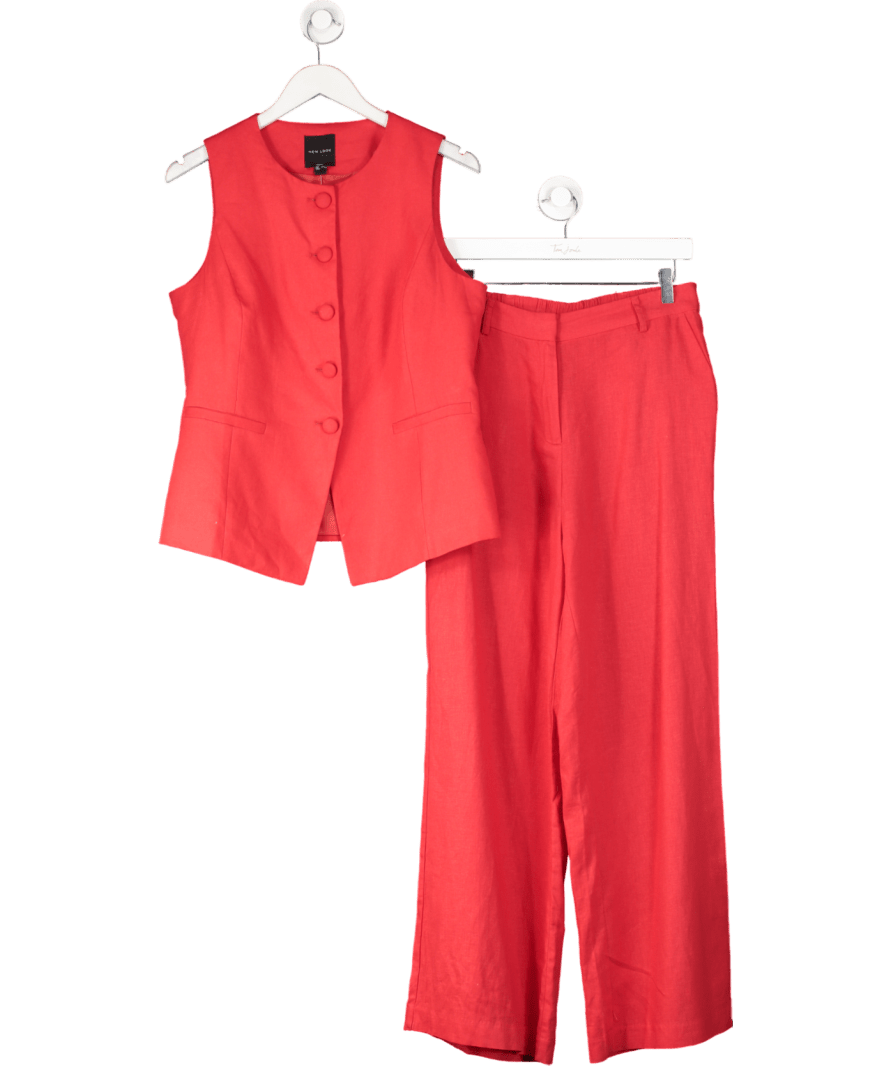 New Look Red Crew Neck Linen Blend Waistcoat And Linen Blend Wide Leg Trousers UK 14 - Reliked