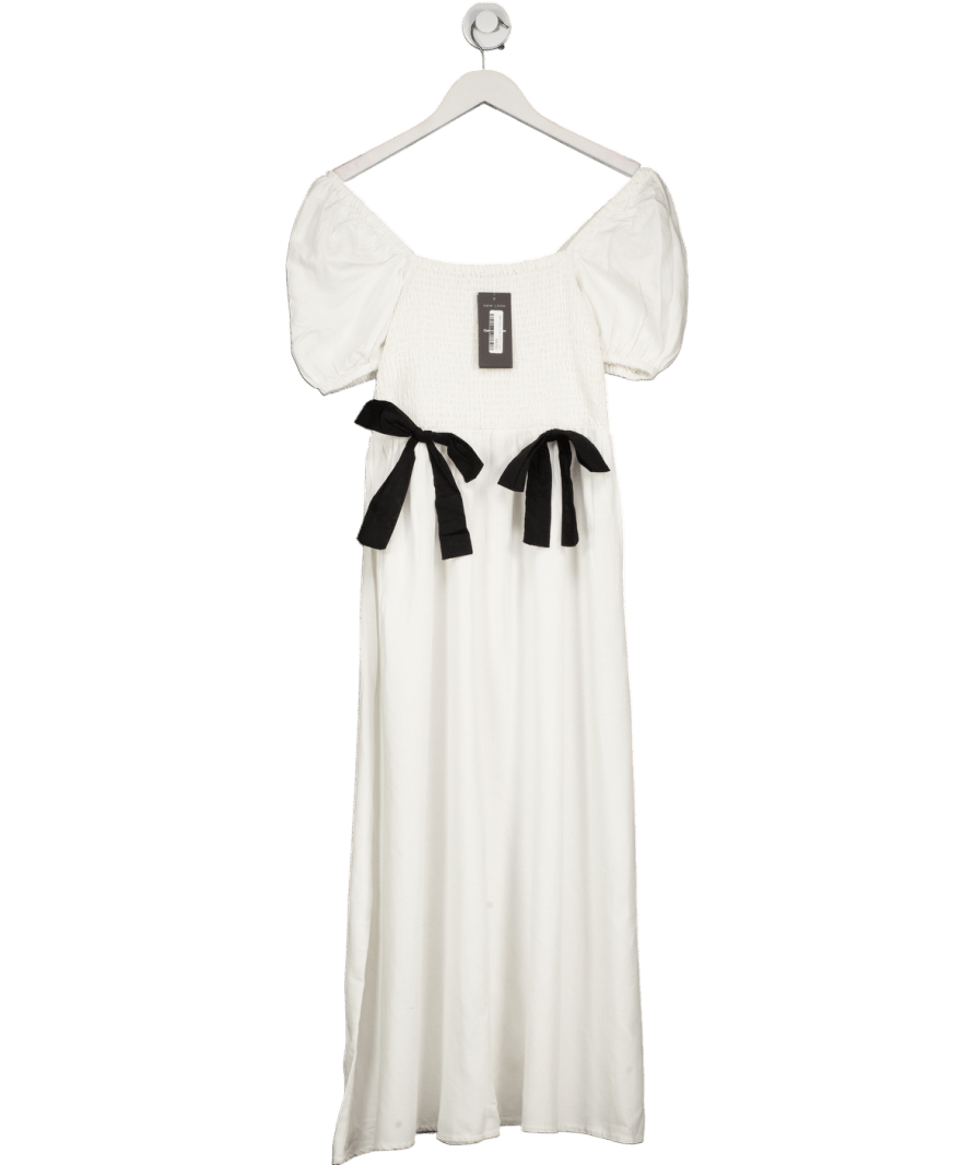 New Look White Shirred Bow Front Midi Dress UK 8 - Reliked