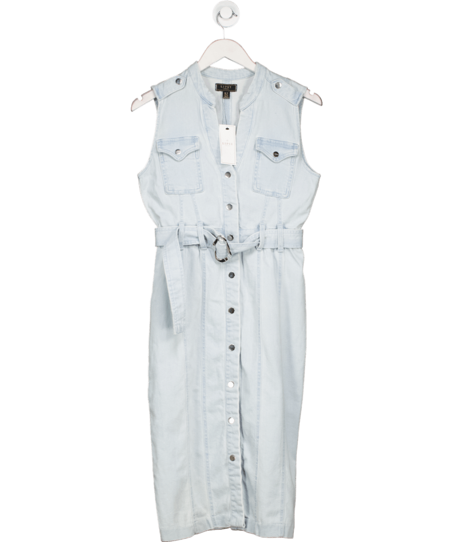 Next Blue Bleach Wash Sleeveless Denim Belted Shirt Dress UK 8 - Reliked