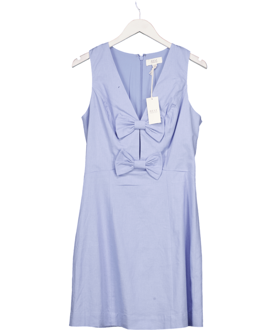 Next Blue Bow Front Linen Blend Mini Dress - Tall UK 12 - Reliked