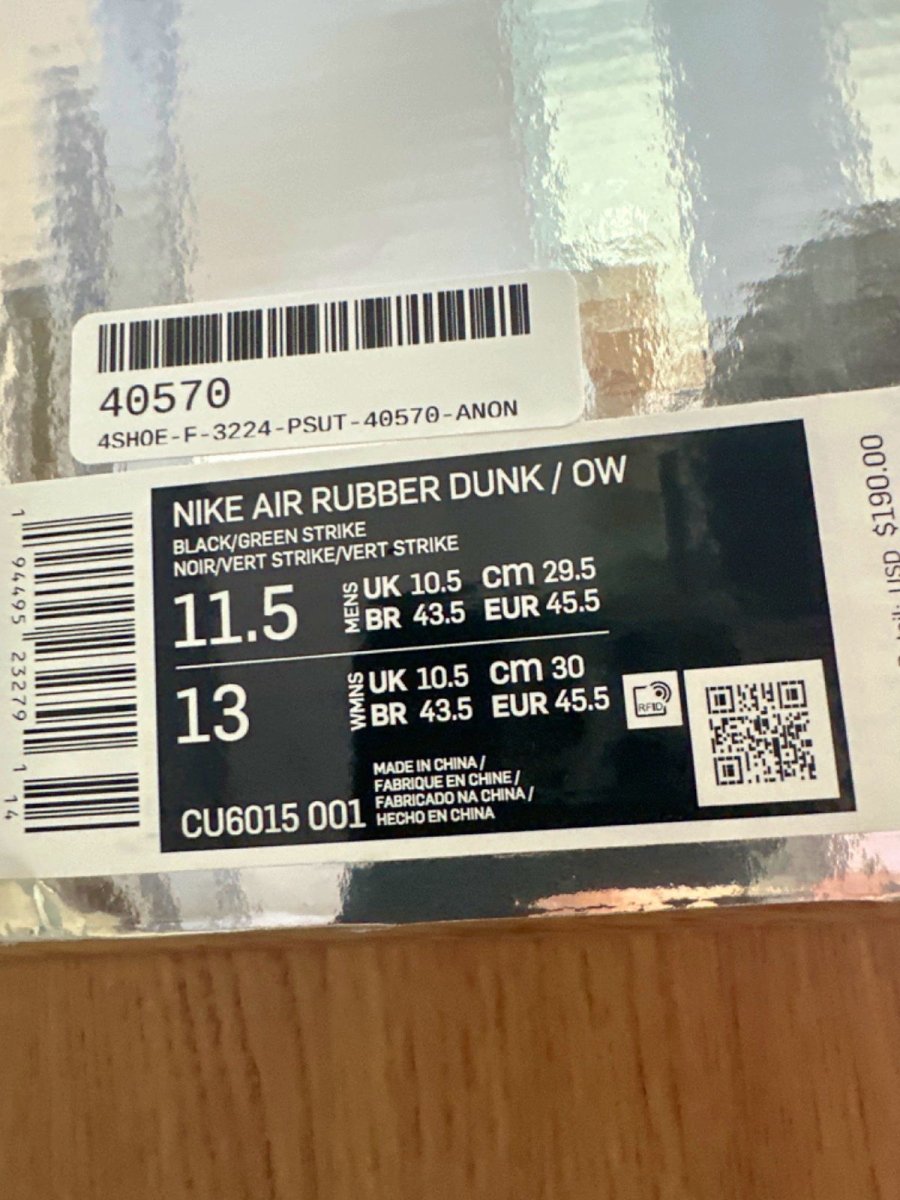 Nike CU6015 Black/Green Strike Air Rubber Dunk/OW Trainers 👟 UK 10.5 👟 - Reliked