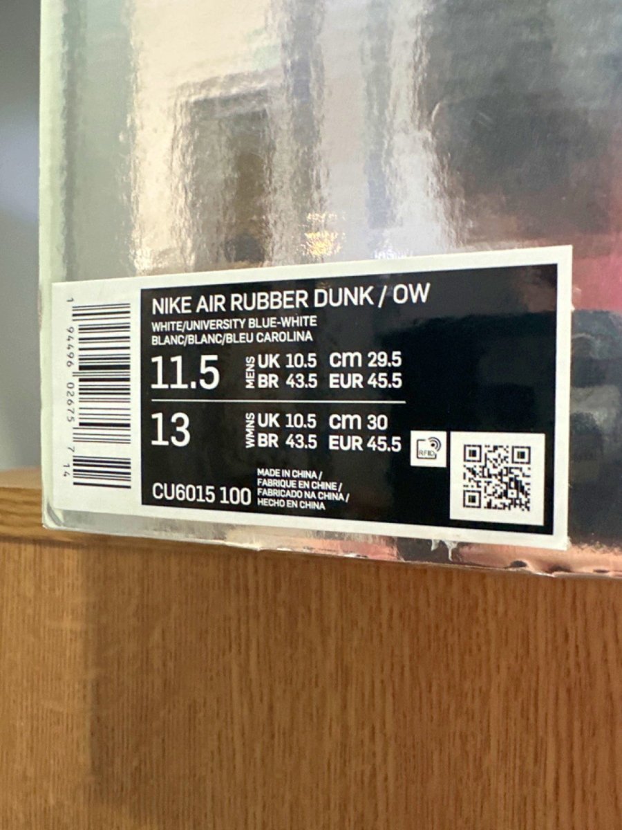 Nike CU6015 White/University Blue Off White Air Rubber Dunk Trainers UK 10.5 👟 - Reliked