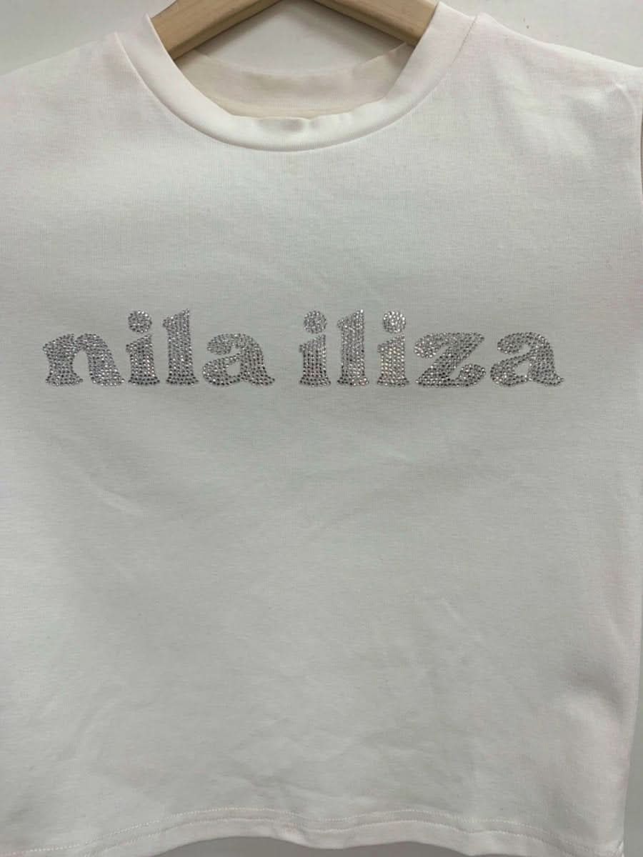 Nila Iliza White Rhinestone Logo T-Shirt UK S - Reliked