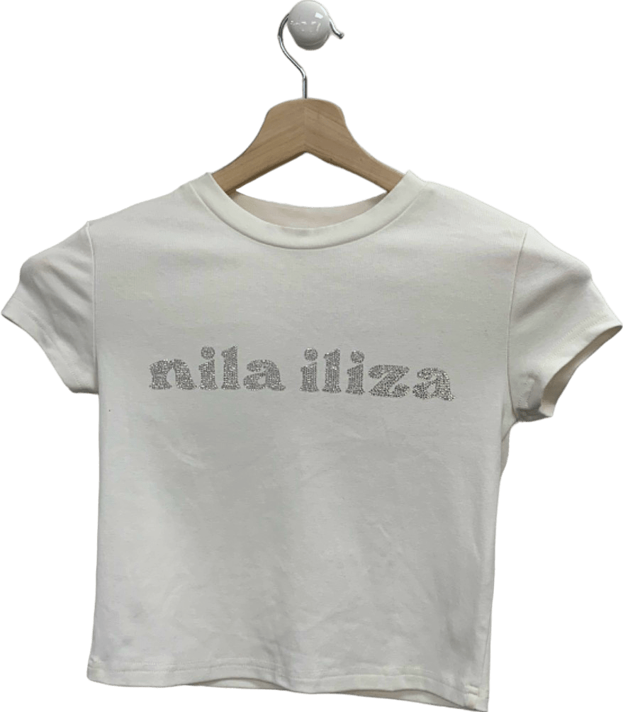 Nila Iliza White Rhinestone Logo T-Shirt UK S - Reliked