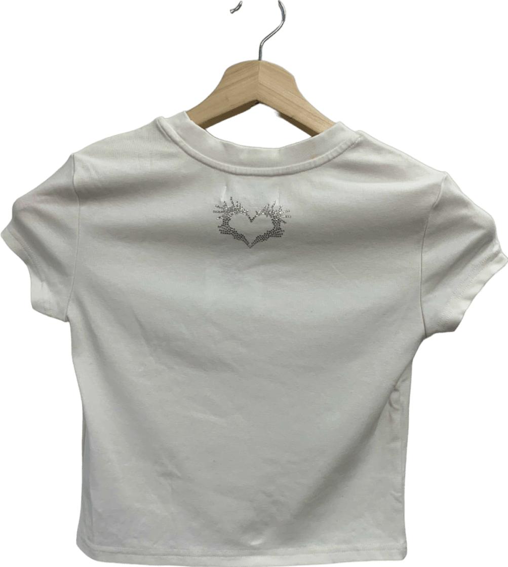 Nila Iliza White Rhinestone Logo T-Shirt UK S - Reliked