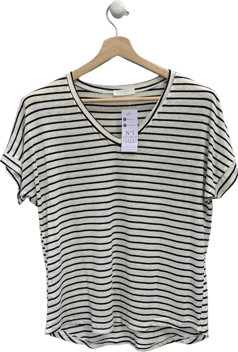 No. 1 George Street Blue Striped Linen - Cotton Blend T-Shirt UK M - Reliked