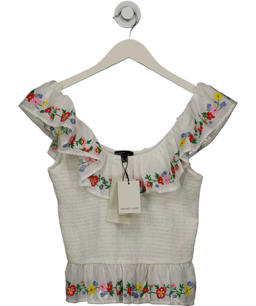 Nobody's Child White Floral Embroidered Shirred Top UK 8 - Reliked