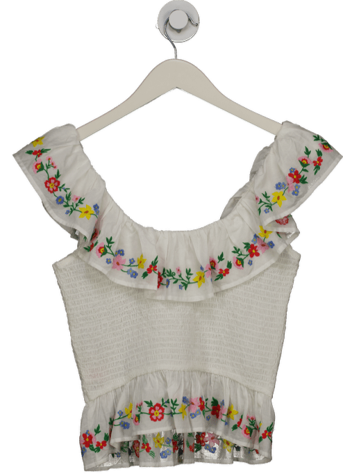Nobody's Child White Floral Embroidered Shirred Top UK 8 - Reliked