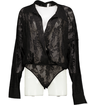 Norma Kamali Black Lace Oversize Bodysuit UK XS