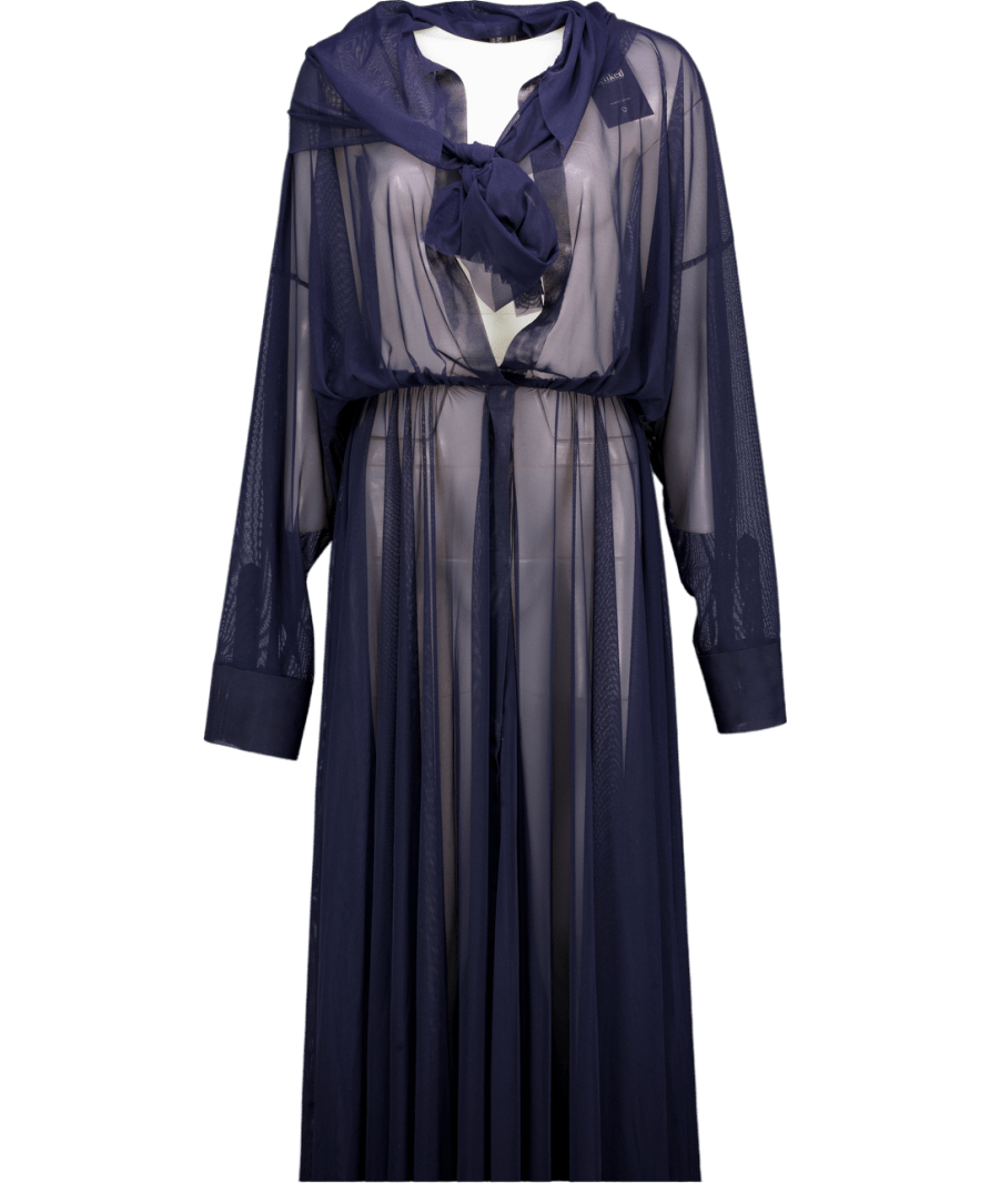 Norma Kamali Blue Oversized Belted Tie - neck Stretch - mesh Gown - Navy UK XS - Reliked