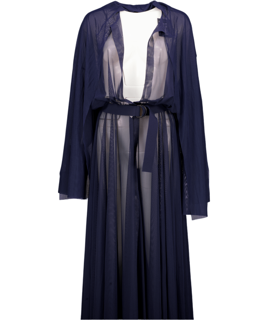 Norma Kamali Blue Oversized Belted Tie - neck Stretch - mesh Gown - Navy UK XS - Reliked