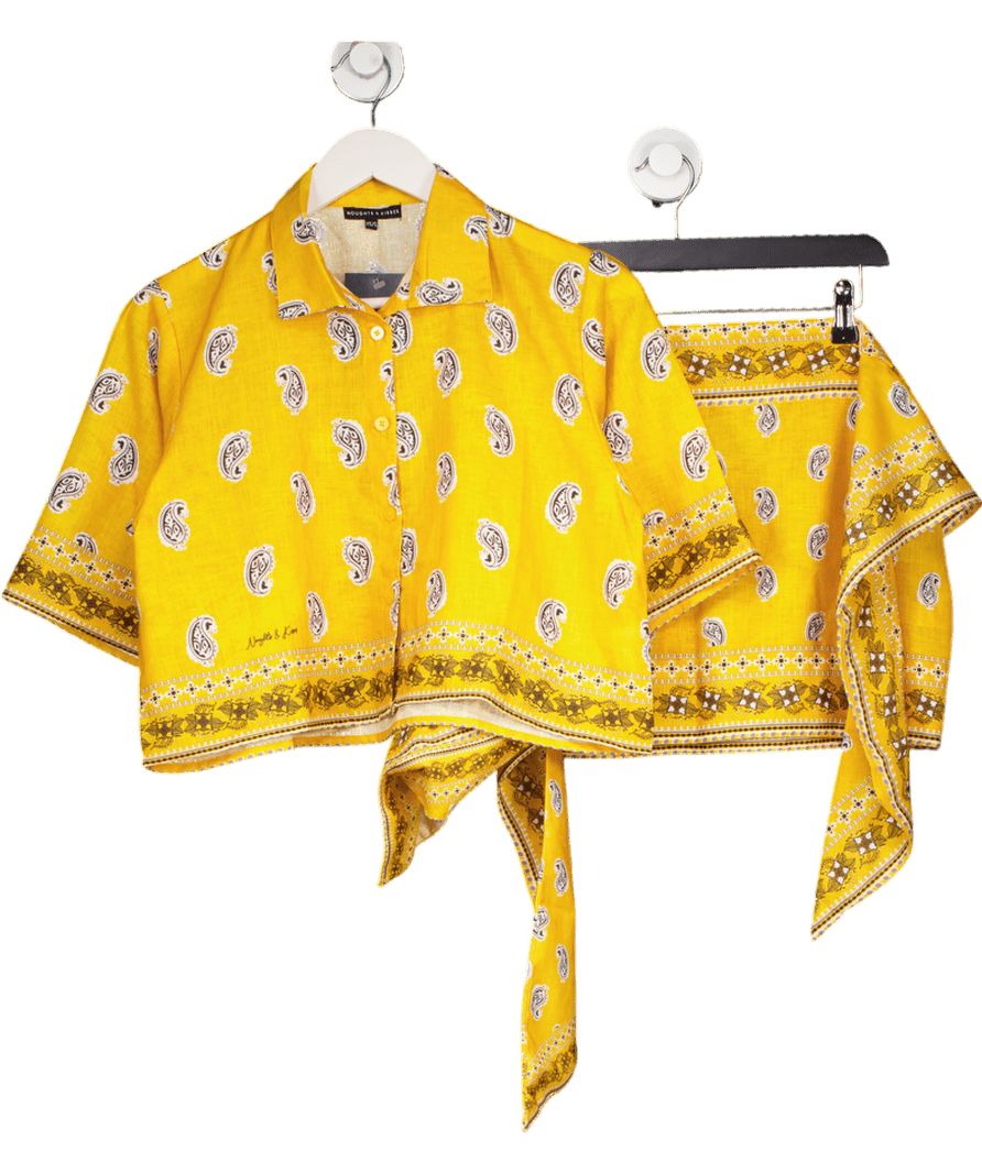 Noughts & Kisses 2 - piece Yellow Golden Hour Paisley Shirt & Wrap Mini Skirt Set UK XS/S - Reliked