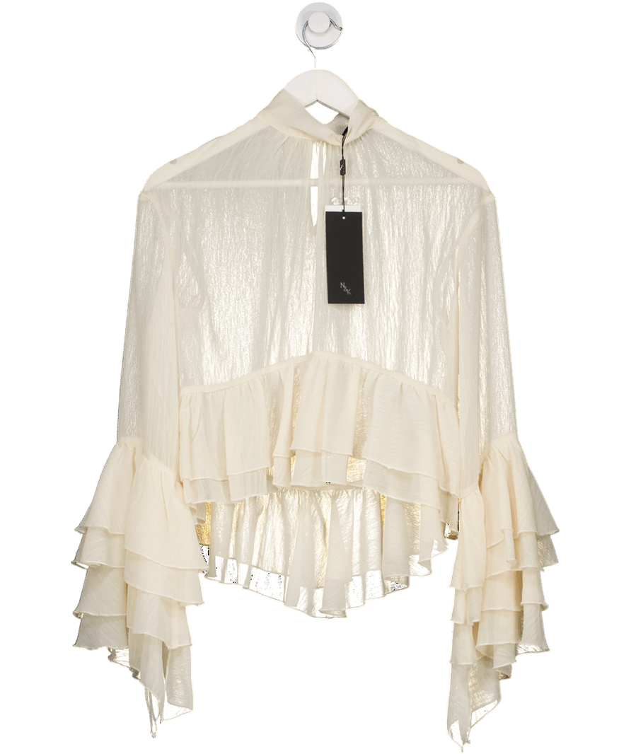 Noughts & Kisses Cream Sheer Ruffle Chiffon Blouse UK S - Reliked