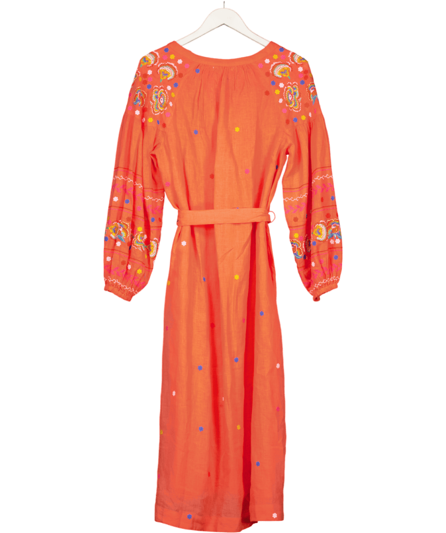 NRBY Orange Erica Linen Stitched Flowers Dress UK L - Reliked