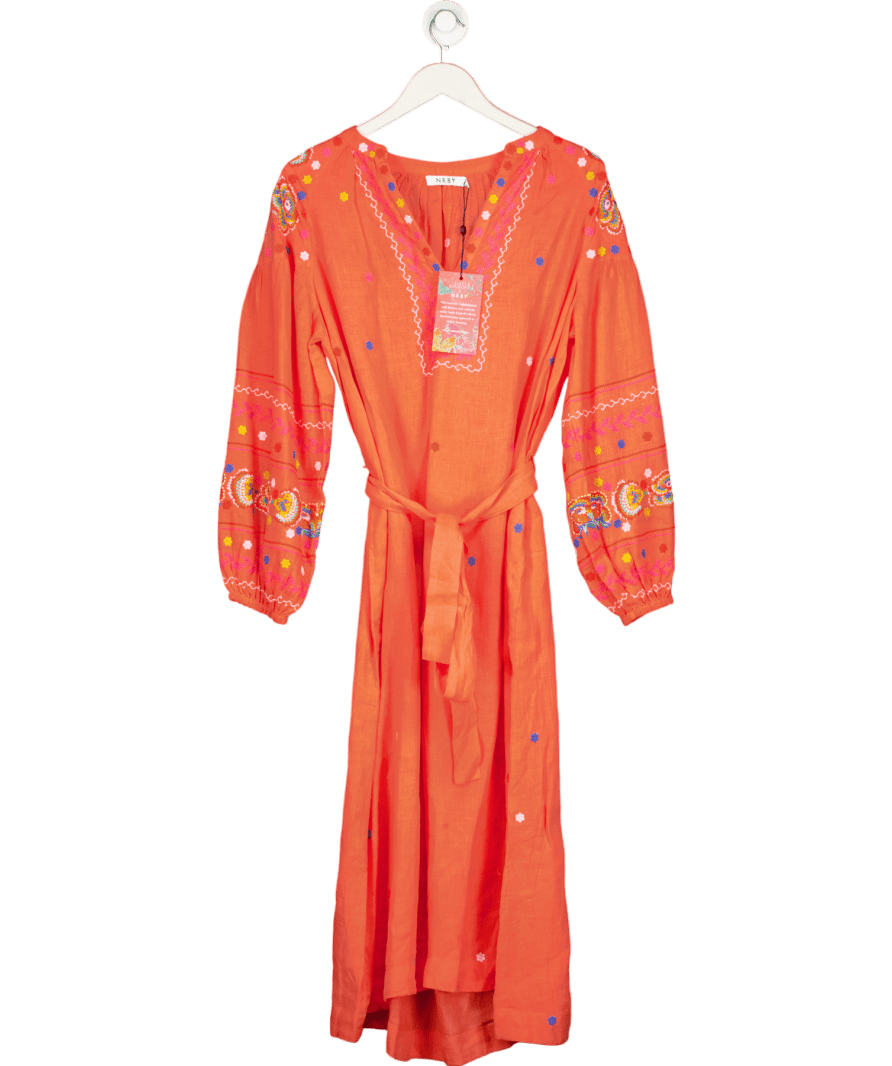 NRBY Orange Erica Linen Stitched Flowers Dress UK L - Reliked