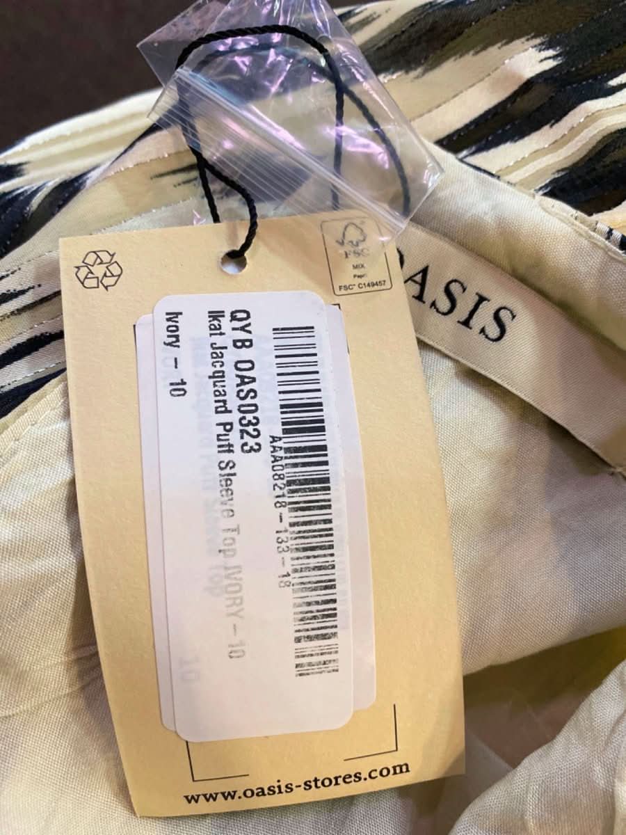 OASIS Ivory Kat Jacquard Print Long Sleeve Top UK 10 - Reliked