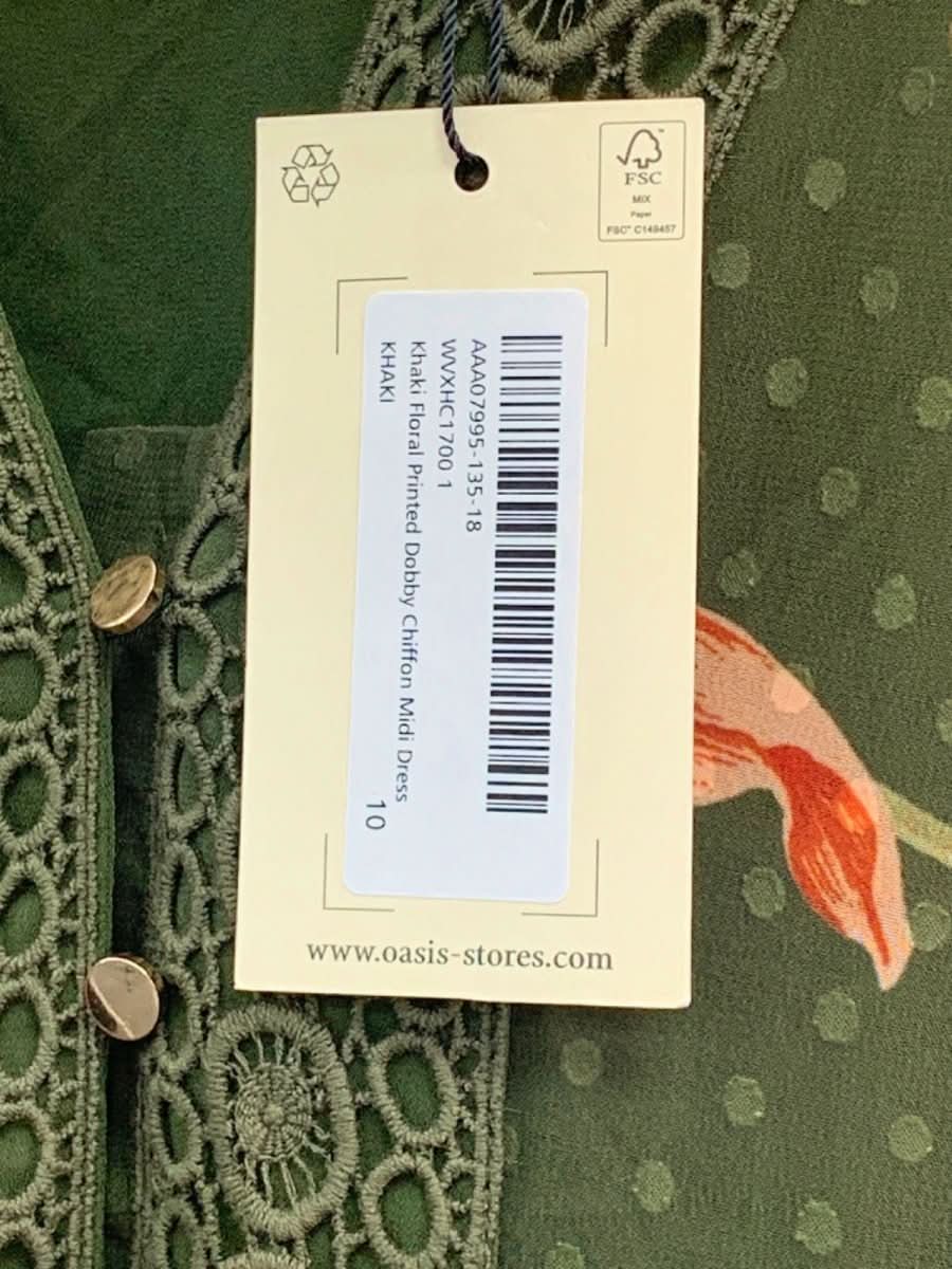 Oasis Khaki Floral Printed Ossby Chiffon Midi Dress UK 10 - Reliked