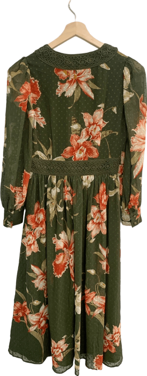 Oasis Khaki Floral Printed Ossby Chiffon Midi Dress UK 10 - Reliked
